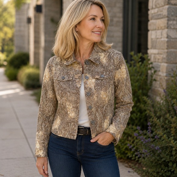 Analog Jackets & Blazers - Analogy Petite‎ Cropped Paisley Jacquard Jacket Neutral Brown Stretch